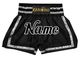กางเกงมวยไทยปักชื่อ สีดำเงิน  : KNSCUST-1172